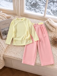 2pcs/Set Girls Dopamine Colorblock Outfit, Cream Yellow Ribbed Ruched Short Long Sleeve Top With Pink High Waist Flared Pants, Versatile Korean Sweet Style For School, Outings And Casual Wear - Yellow - View 1