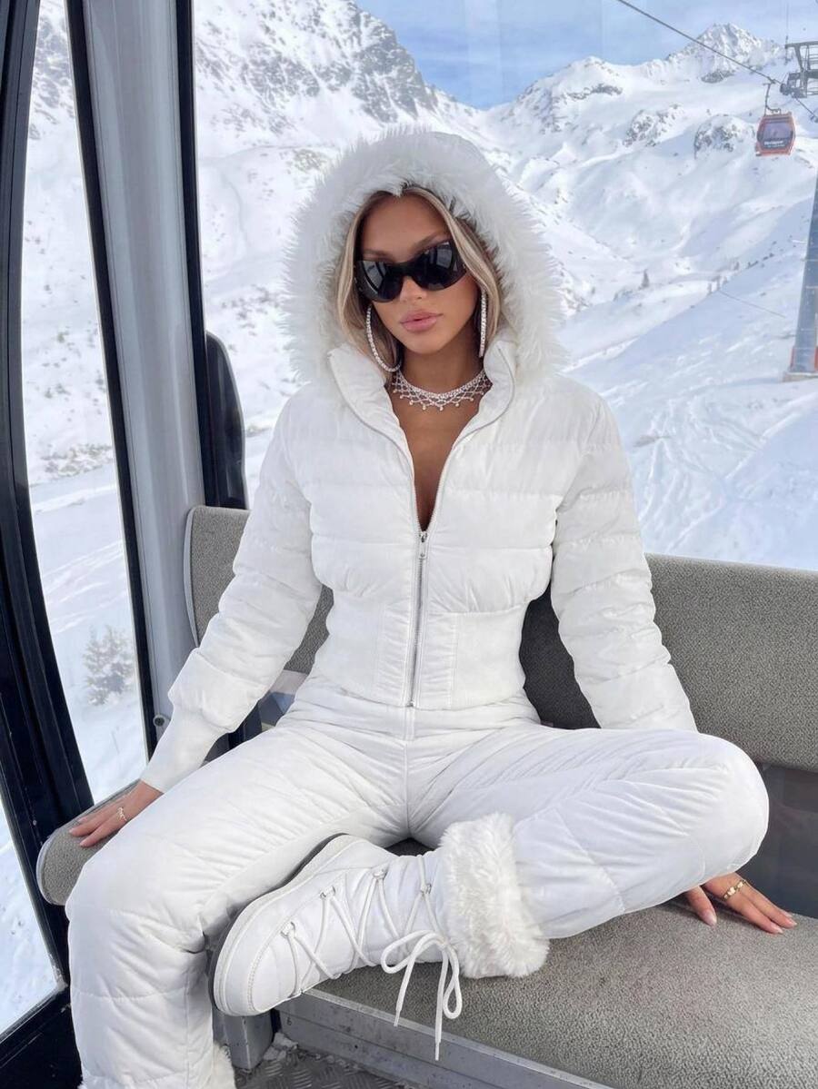SHEIN ICON White Colorblock Trim Hooded Cropped Padded Coat In Fall/Winter - White - View 1