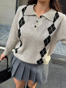 Linhara CURVE Plus Size Polo Collar Contrast Color Argyle Lazy Commute Long Sleeve Knit Sweater Winter - Khaki - View 7