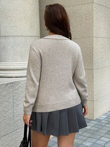 Linhara CURVE Plus Size Polo Collar Contrast Color Argyle Lazy Commute Long Sleeve Knit Sweater Winter - Khaki - View 2