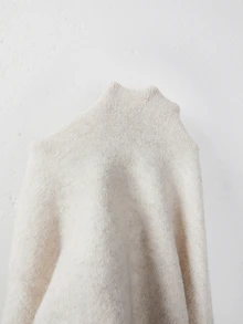 SHEIN Gaun Mini Rajut Heather Nyaman Musim Semi/Musim Gugur Terbaru untuk Wanita, Kerah Setengah Resleting, Bahu Jatuh, Gaun Sweater Oversized - Aprikot - View 6