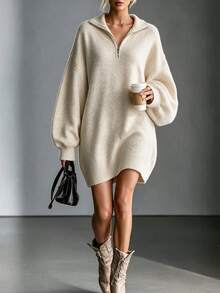 SHEIN Gaun Mini Rajut Heather Nyaman Musim Semi/Musim Gugur Terbaru untuk Wanita, Kerah Setengah Resleting, Bahu Jatuh, Gaun Sweater Oversized - Aprikot - View 1