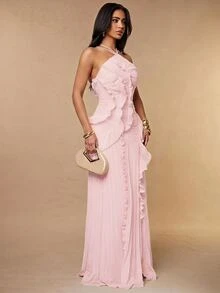 Silquee Apricot Halter Pleated High Slit Dress, Suitable For Wedding Guest, Valentine's Day, Pink Dress - Baby Pink - View 5