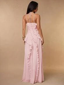 Silquee Apricot Halter Pleated High Slit Dress, Suitable For Wedding Guest, Valentine's Day, Pink Dress - Baby Pink - View 2