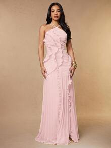 Silquee Apricot Halter Pleated High Slit Dress, Suitable For Wedding Guest, Valentine's Day, Pink Dress - Baby Pink - View 1