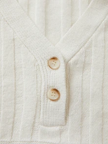 SHEIN Autumn V‑Neck Half Button Knit Sweater, Ribbed Detail Long Sleeve Casual Elegant Pullover Brunch Cream White - White - View 6