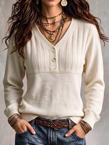 SHEIN Autumn V‑Neck Half Button Knit Sweater, Ribbed Detail Long Sleeve Casual Elegant Pullover Brunch Cream White - White - View 3