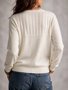SHEIN Autumn V‑Neck Half Button Knit Sweater, Ribbed Detail Long Sleeve Casual Elegant Pullover Brunch Cream White - White - View 2