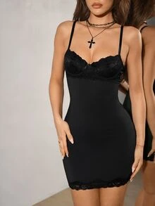 SHEIN ICON Y2K 夏季女士外出黑色性感夜店派对沙滩毕业典礼纯色蕾丝拼接修身吊带迷你连衣裙 - 黑色 - 查看 6