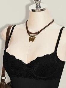 SHEIN ICON Y2K 夏季女士外出黑色性感夜店派对沙滩毕业典礼纯色蕾丝拼接修身吊带迷你连衣裙 - 黑色 - 查看 15