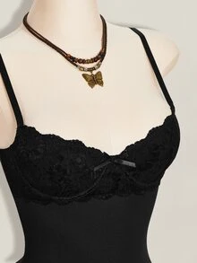 SHEIN ICON Y2K 夏季女士外出黑色性感夜店派对沙滩毕业典礼纯色蕾丝拼接修身吊带迷你连衣裙 - 黑色 - 查看 9