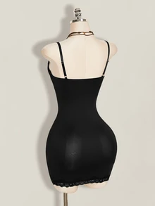 SHEIN ICON Y2K 夏季女士外出黑色性感夜店派对沙滩毕业典礼纯色蕾丝拼接修身吊带迷你连衣裙 - 黑色 - 查看 12