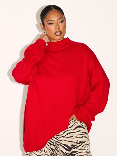 FASHION SZN Plus Size Red Funnel Neck Sweater Fall Autumn Winter Trending New Season Knitwear For Women Curve Plus Size Loose Fit Long Sleeve Jumper Plus Size Premium Fluffy Wide Sleeve Crew Neck Jumper, Loose Fit Long Sleeve Cozy Plus Size Longer Length DO NOT SIZE UP