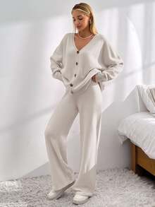 EURMUSE Tall Size Women Solid Color Drop Shoulder Cardigan & Tie Front Knit Pants - بيج - مشاهدة 4