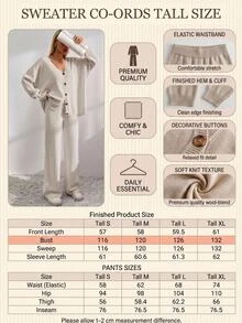 EURMUSE Tall Size Women Solid Color Drop Shoulder Cardigan & Tie Front Knit Pants - بيج - مشاهدة 3