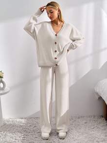 EURMUSE Tall Size Women Solid Color Drop Shoulder Cardigan & Tie Front Knit Pants - بيج - مشاهدة 7
