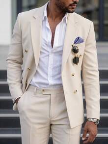 Manfinity Mode Men Double Breasted Blazer & Suit Pants, Formal, Old Money - Apricot - View 1