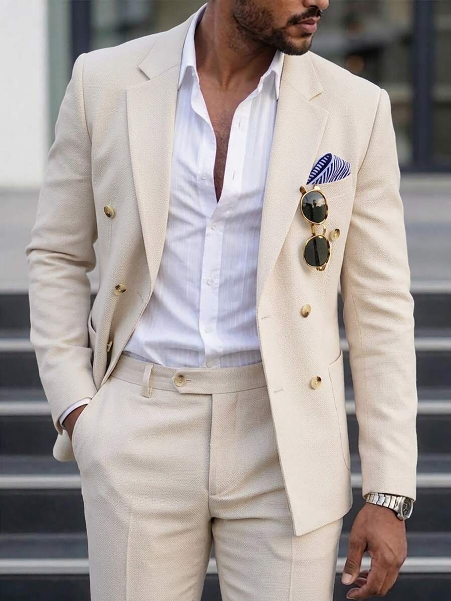 Manfinity Mode Men Double Breasted Blazer & Suit Pants, Formal, Old Money - Apricot - View 1