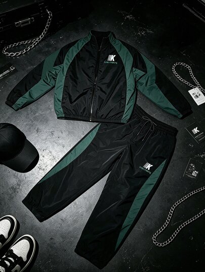 Sport MetroGents Men Colorblock Zip Up Jacket & Tapered Pants Sports Set, Gym