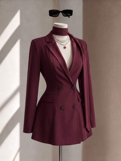Fine & Folde Autumn/Winter Holiday Wedding Party Commute Office Elegant Business Formal Lapel Double-Breasted Waist-Cinching Tie Blazer Skirt Solid Burgundy Elegant Romantic Women's Blazer Jacket