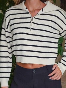 Summer Sherwood Casual Striped Long Sleeve Pullover Top Fall - Black and White - View 5