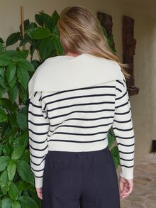 Summer Sherwood Casual Striped Long Sleeve Pullover Top Fall - Black and White - View 2