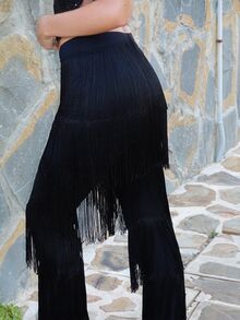 Summer Sherwood Fringe Trim Flare Leg Pants - Black - View 3