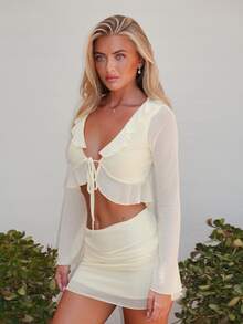 Summer Sherwood Women's Solid Yellow Low-Waist Skirt And Ruffle Tie Cuff Long Sleeve Blouse 2-Piece Set, Spring/Summer - Yellow - View 5