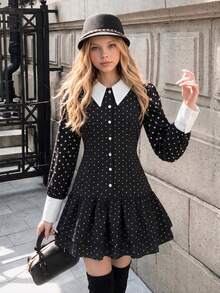 SHEIN Teen Girls Fall Dresses Sweet Preppy Style Bowknot Metal Buckle Colorblock 2 In 1 Casual Dress, Knit, Ruched, Floral, Ruffle, Fall Clothes, Halloween - Black - View 4