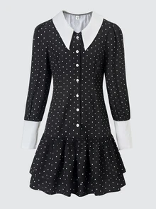 SHEIN Teen Girls Fall Dresses Sweet Preppy Style Bowknot Metal Buckle Colorblock 2 In 1 Casual Dress, Knit, Ruched, Floral, Ruffle, Fall Clothes, Halloween - Black - View 5