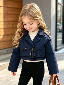 SHEIN Playful Pals Baby Girl Casual Short Jacket For Autumn, Suitable For Outings And Photos - Navy Blue - View 4