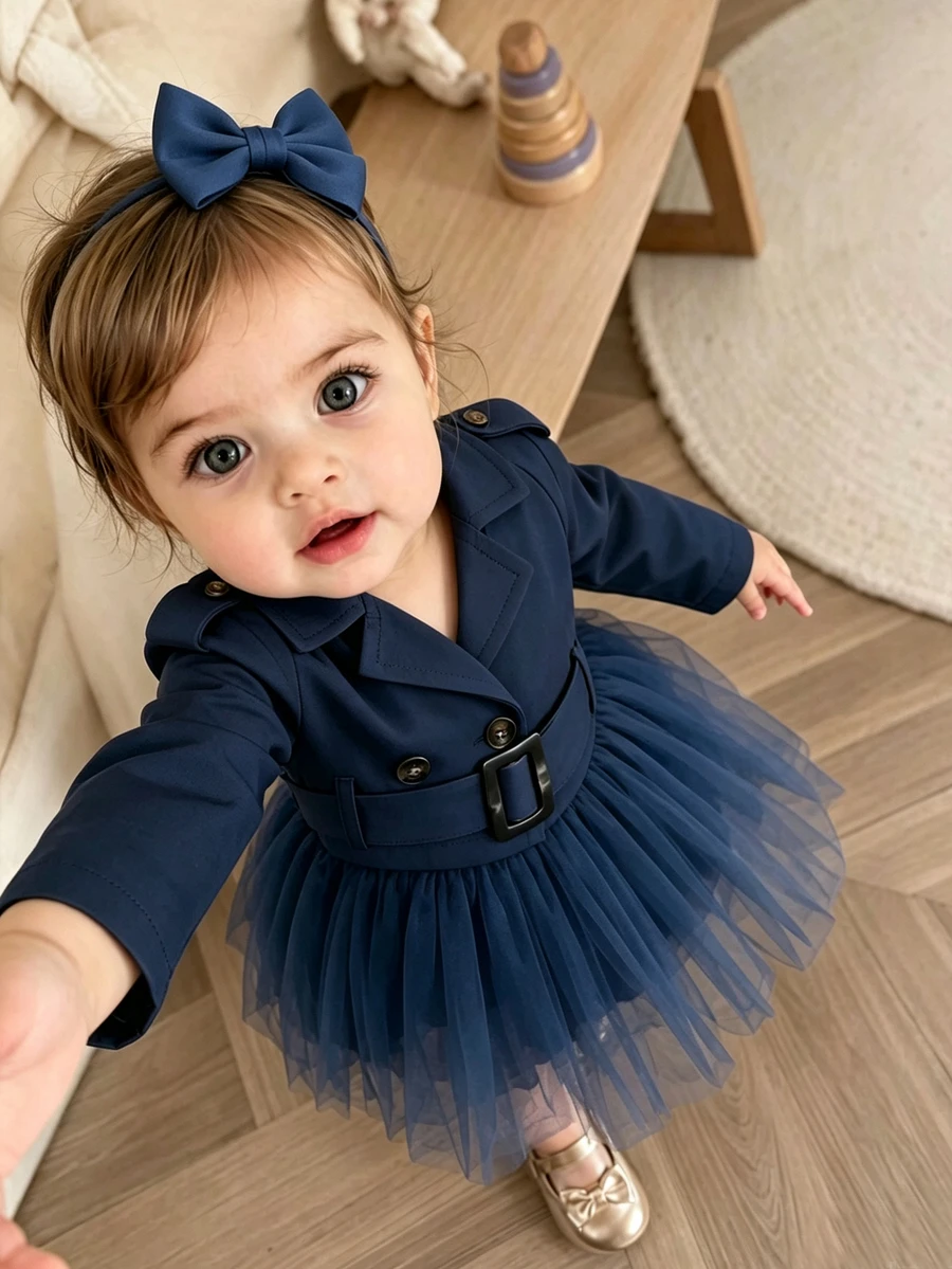 SHEIN Playful Pals Baby Girl Casual Short Jacket For Autumn, Suitable For Outings And Photos - Navy Blue - View 1