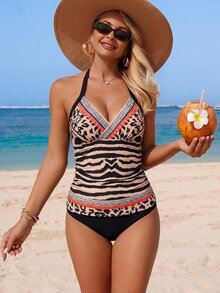 Swim Lushoire 2pcs Leopard Print Patchwork Tankini Bathing Suits For Women,Orange Black Zebra Camisole Bikini Set,Tummy Control Summer Casual Tropical Beach - Multicolor - View 2