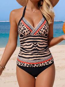 Swim Lushoire 2pcs Leopard Print Patchwork Tankini Bathing Suits For Women,Orange Black Zebra Camisole Bikini Set,Tummy Control Summer Casual Tropical Beach - Multicolor - View 4