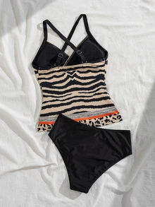 Swim Lushoire 2pcs Leopard Print Patchwork Tankini Bathing Suits For Women,Orange Black Zebra Camisole Bikini Set,Tummy Control Summer Casual Tropical Beach - Multicolor - View 9