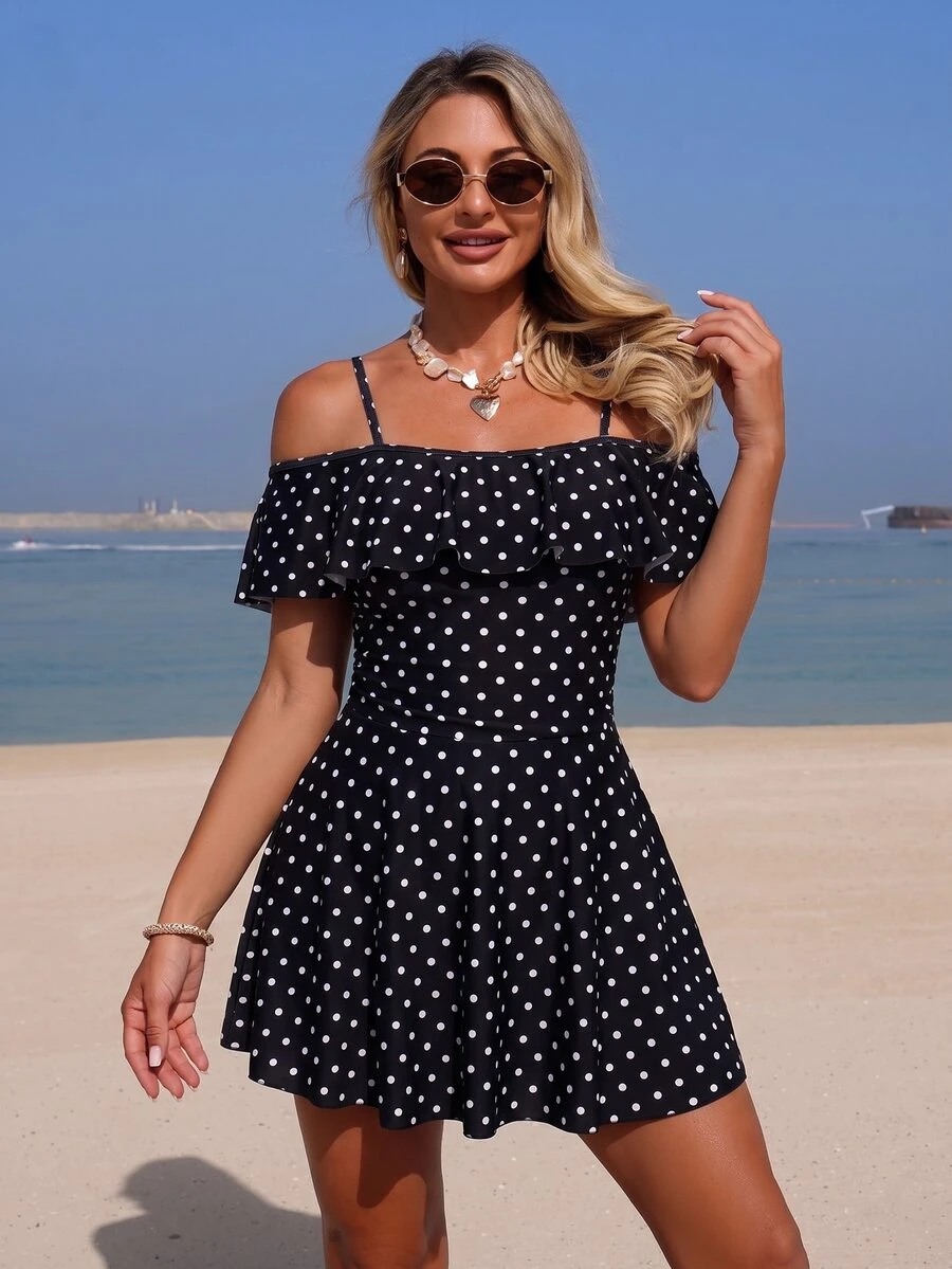 SHEIN Swim 女款夏季度假海灘穿著優雅性感細肩帶荷葉領黑色泳裝洋裝 - 黑與白 - 查看 1