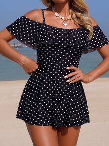 SHEIN Swim 女款夏季度假海灘穿著優雅性感細肩帶荷葉領黑色泳裝洋裝 - 黑與白 - 查看 4