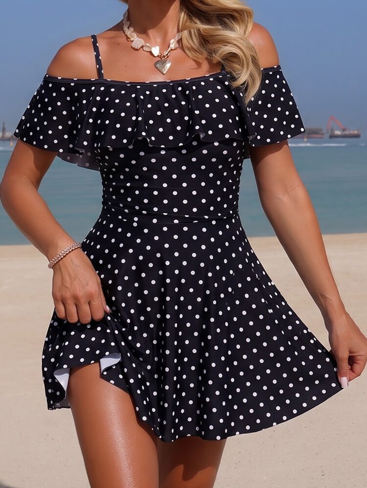 SHEIN Swim Women's Summer Vacation Beach Wear Elegant Sexy Spaghetti Strap Ruffle Collar Black Swim Dress - Black and White - View 5