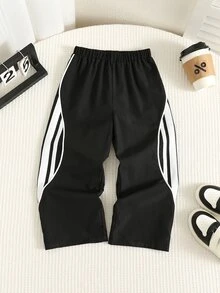 SHEIN 1件小男孩幼兒休閒運動學院街頭日韓風寬鬆緞帶長褲，適合假期、開學首日、生日 - 黑色 - 查看 3