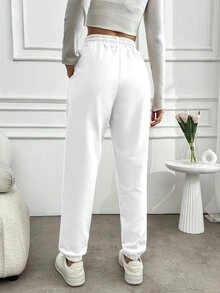 SHEIN Petite Size Women's Solid Color Drawstring Waist & Cuffed Hem Sweatpants - White - View 2
