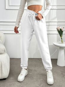 SHEIN Petite Size Women's Solid Color Drawstring Waist & Cuffed Hem Sweatpants - White - View 4