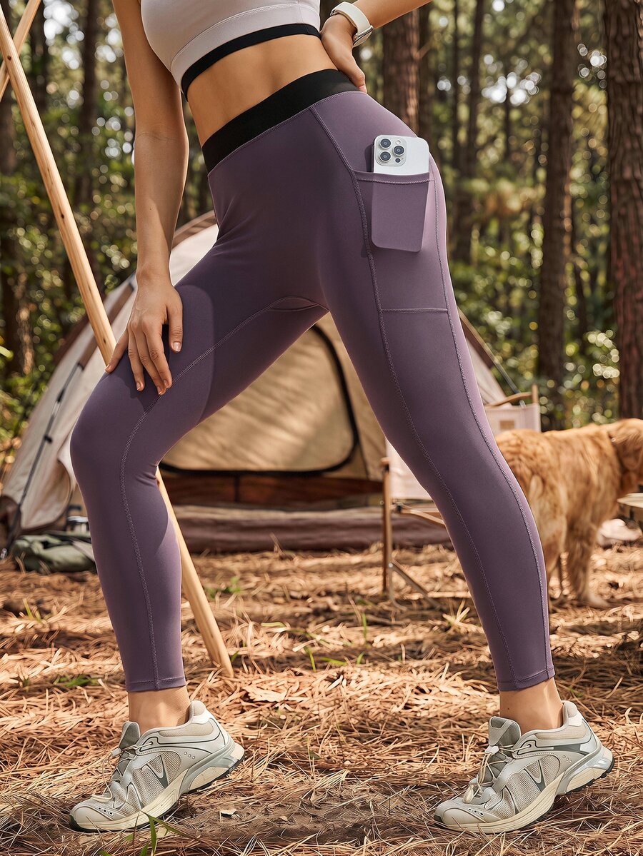 Exploreva Exploreva سروال ضيق للنساء جديد بلون متباين مرن، يرفع وينحف مع جيوب، تفاصيل بنفسجي وأسود، مناسب للخارج - الأرجواني - مشاهدة 1