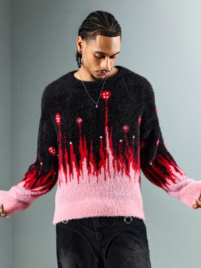 Maglione da uomo pesante con cuciture a mano, strass, finta pelliccia di visone, motivo a fiamma, stile streetwear ampio per Ognissanti