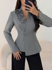 NOVVYNE 女款灰色編織長袖彼得潘領3D花卉收腰A字版型優雅上衣，適合外出與7月職場穿搭 - 灰色 - 查看 4