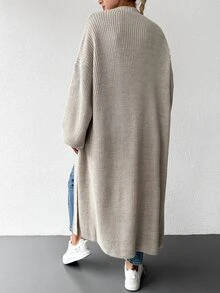EURMUSE Petite Size Women Solid Color Casual Drop Shoulder Open Front Longline Cardigan - لون مشمشي - مشاهدة 2