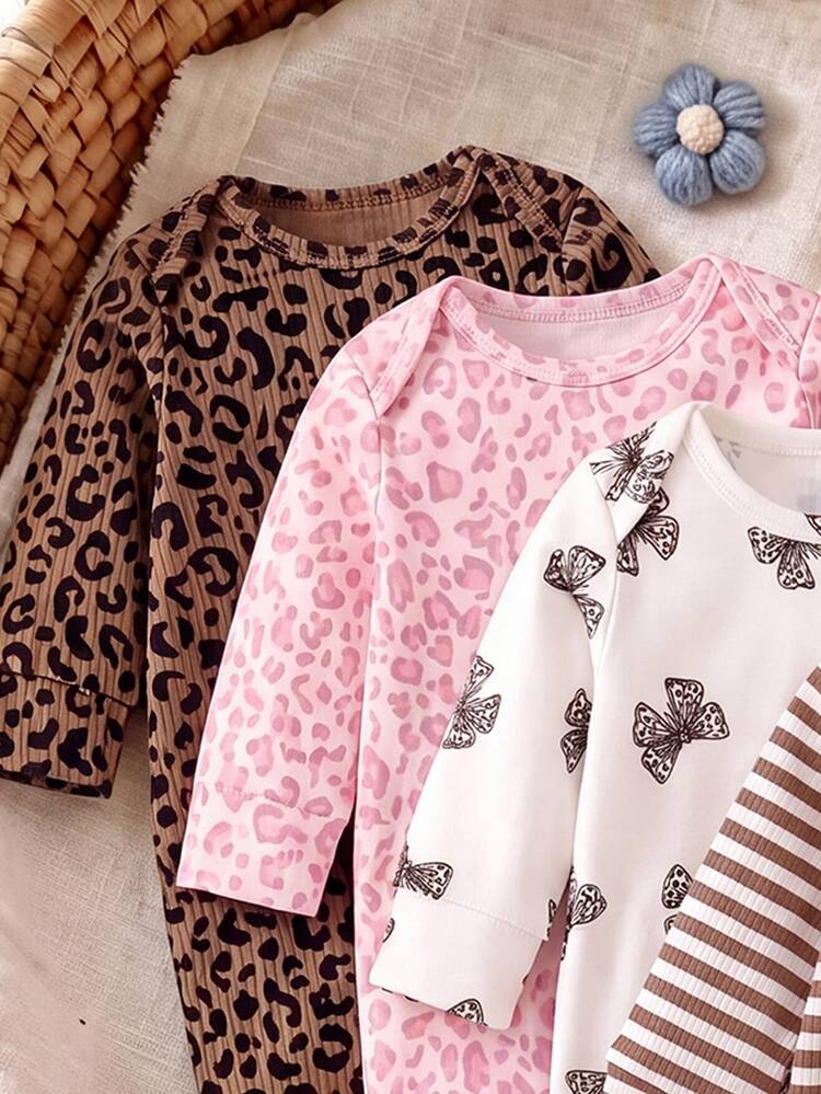 SHEIN Newborn Baby Girl Jumpsuit 1 Random Piece Cute Leopard Print Round-Neck Long-Sleeved Tight-Fitting Jumpsuit Soft Fabric In Fall And Winter - Multicolor - View 3