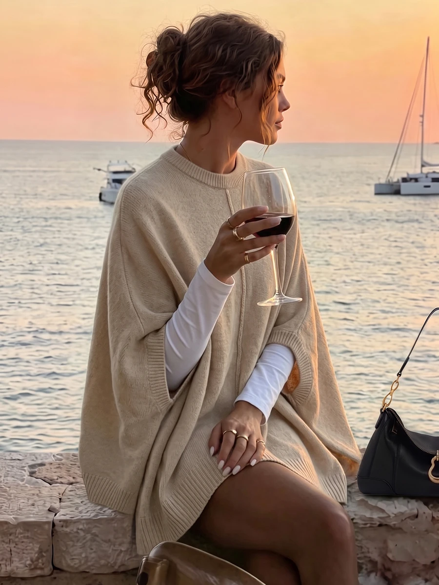 Balvessa كنزة نسائية فضفاضة بأسلوب الكيب مع رقبة دائرية، ديكور خياطة مركزية أمامية وخلفية، أكتاف منخفضة، أكمام قصيرة وحافة مضلعة - لون مشمشي - مشاهدة 1
