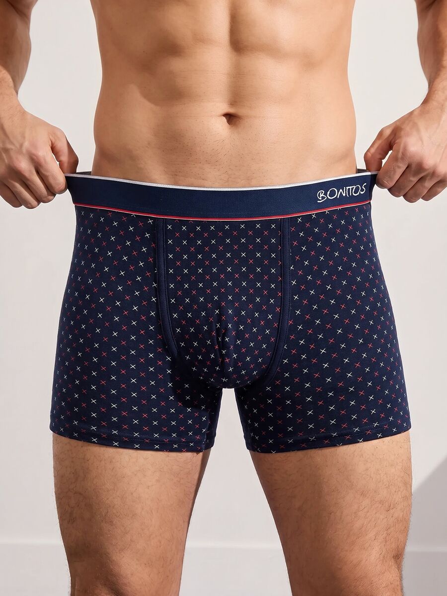 VeloEdit 4pcs/Pack Men's Printed Boxer Briefs, Letter Elastic Waistband Boxer Briefs (Random Asymmetric Print)