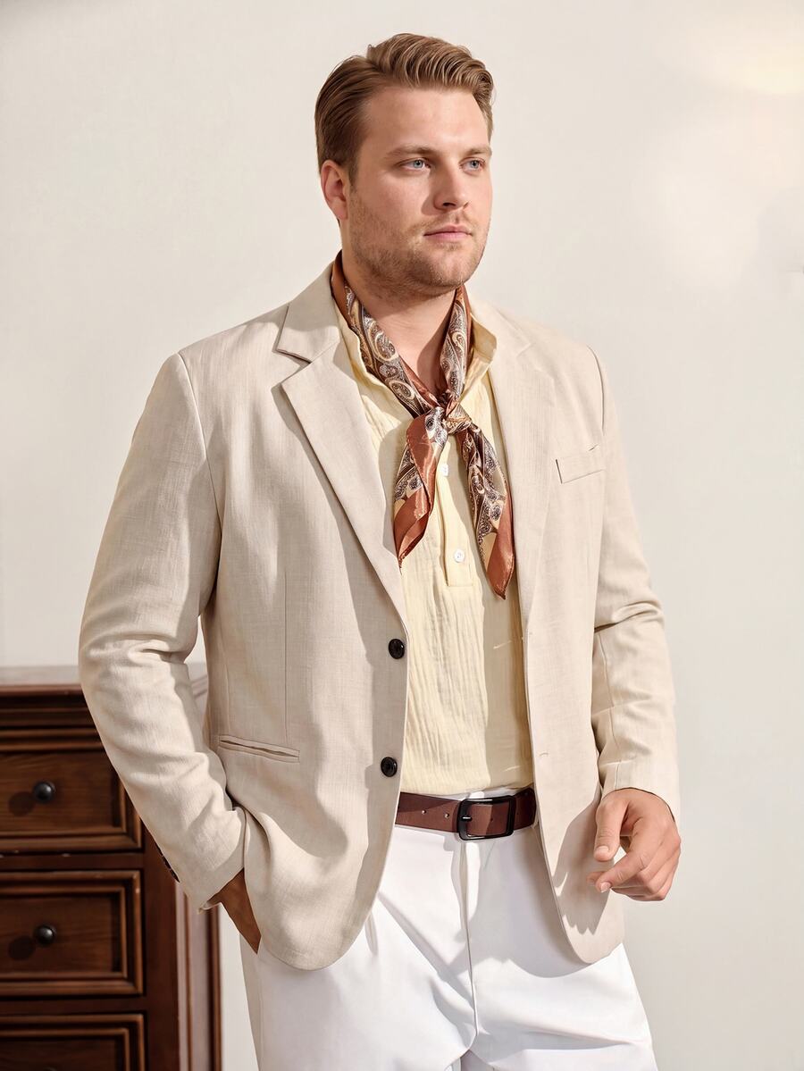 VeloEdit Men Plus Size Single-Breasted Business Casual Blazer , Beige , Formal, Ceremony - Apricot - View 1