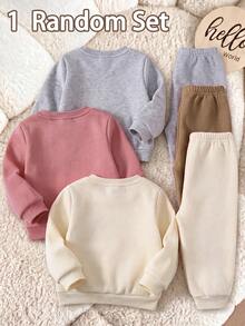 SHEIN Vintaside Kids 新生女嬰 1 套隨機款休閒可愛熊圖案仿刺繡印花圓領長袖保暖內裡運動衫與長褲套裝，柔軟面料，適合秋冬外出穿著 - 彩色 - 查看 2